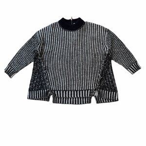 White + Warren Black and White Mock Neck Knit Sweater with Side Zippers